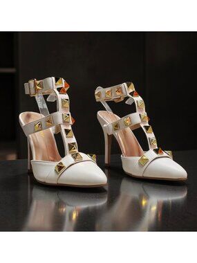 White Studded Pointed-Toe High Heels With Adjustable Buckle Strap & T-Strap Desi